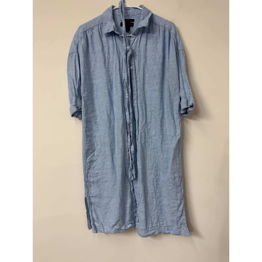 Tahari Womens Medium Light Blue 100% Linen Button Down Short Sleeve Shirt Dress